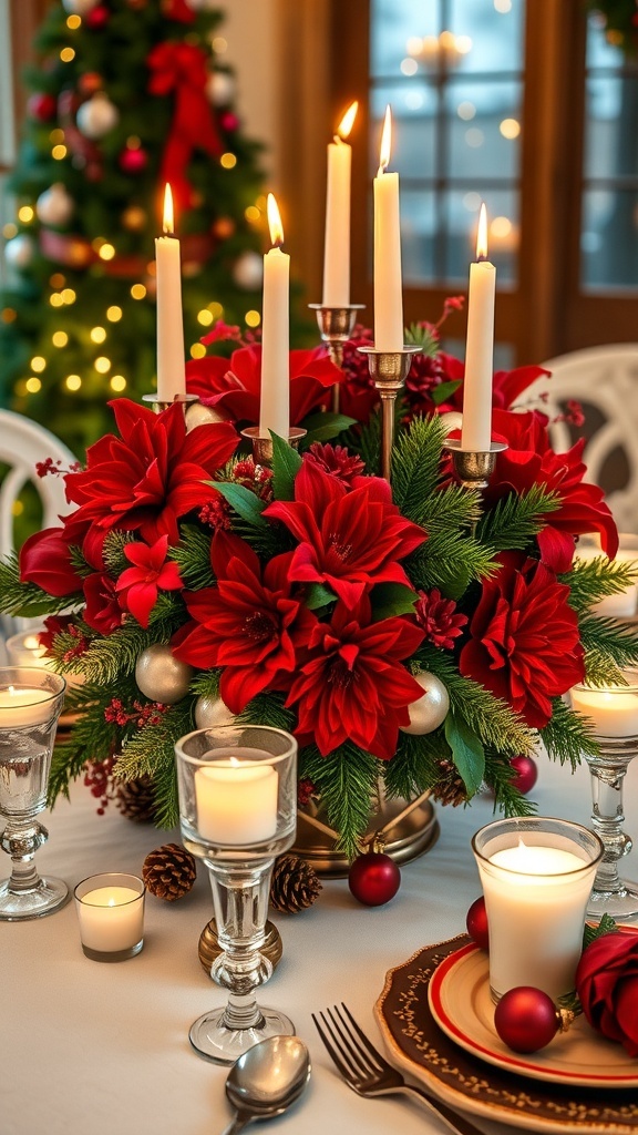 A festive Christmas table centerpiece with red flowers, greenery, candles, and ornaments.